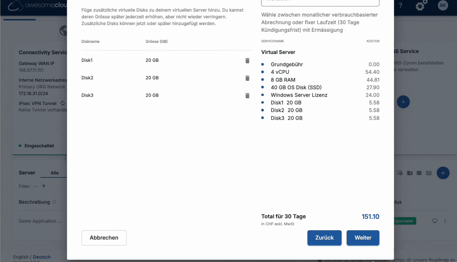 GIF zeigt, wie Backup in der awesome.cloud direkt in AD, Fileshare, RDS und VM integriert, aktiviert und modifiziert werden kann – inklusive Alert-Definition.