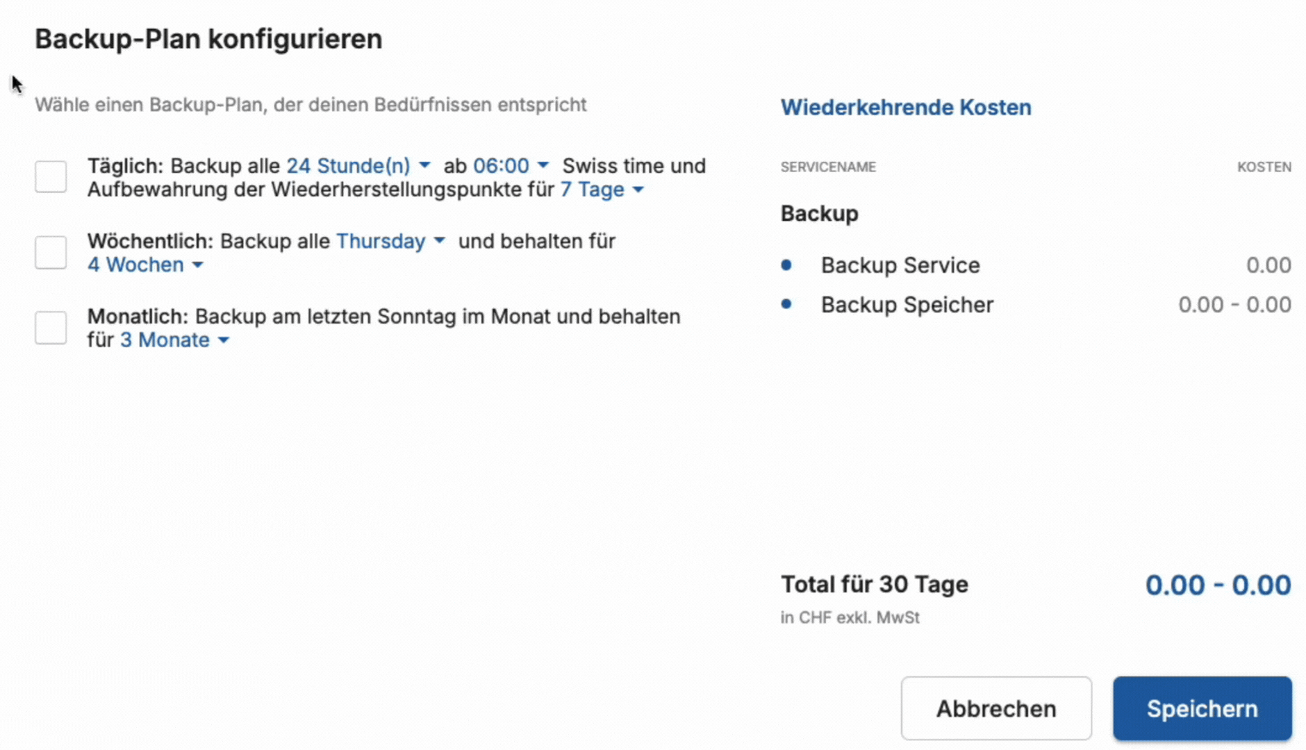 GIF zeigt die in awesome.cloud integrierte Backup-Lösung, mit der bis zu drei parallele Backup-Rhythmen (täglich, wöchentlich, monatlich) definiert werden können.