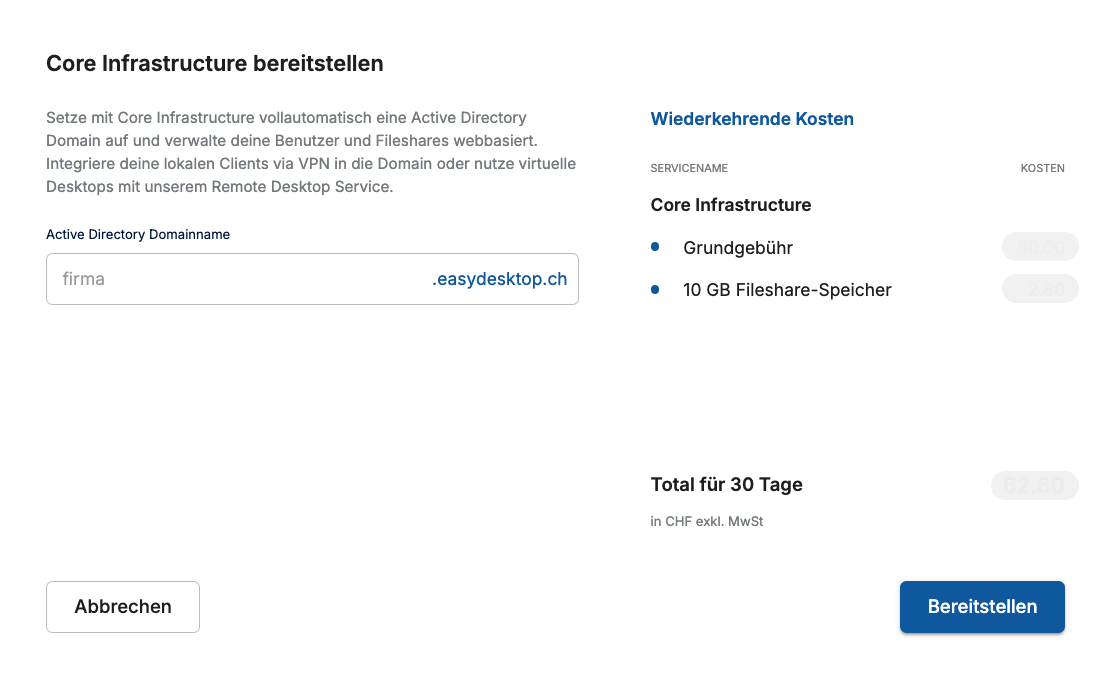 Bild, das zeigt, wie durch Eingabe des Firmennamens und einen Klick auf "Bereitstellung" in der awesome.cloud automatisch die komplette Active Directory und Fileshare Infrastruktur erstellt wird.