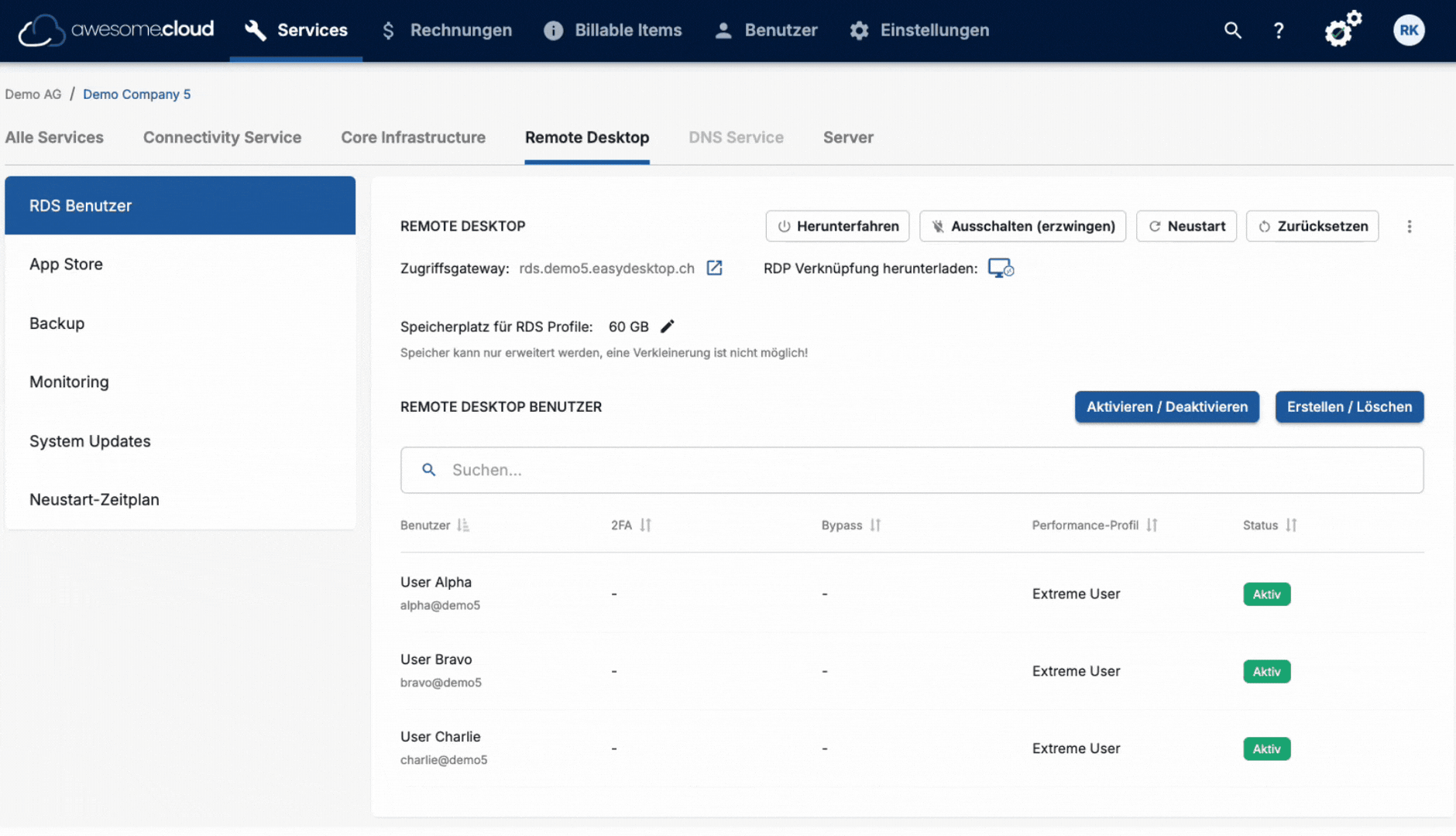 GIF, das zeigt, wie unkompliziert in der awesome.cloud RDS-Umgebungen pro Tenant erstellt und verwaltet werden: Nutzerprofile anlegen, Leistungsstufen (Standard, Power, Extrem) wählen, automatische VM-Erstellung mit dynamischer Ressourcenanpassung und 2FA-Aktivierung (oder Bypass) per Klick. Zudem werden Appstore, Backup, Monitoring, Updates und Neustarts visualisiert.