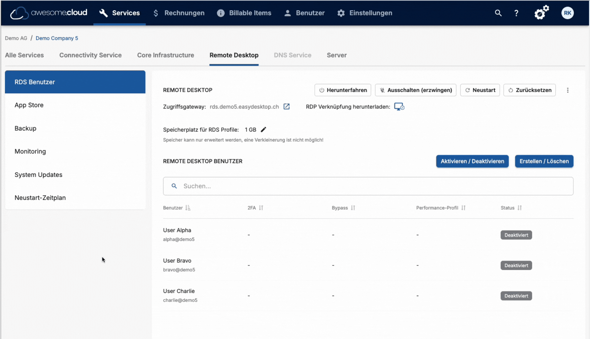 GIF, das den mühelosen Prozess in der awesome.cloud zeigt: Erstellen und Verwalten von RDS-Umgebungen pro Tenant, inklusive Nutzerprofil-Erstellung, Auswahl der Leistungsstufen (Standard, Power, Extrem), automatischer VM-Erstellung mit dynamischer Ressourcenanpassung sowie 2FA-Aktivierung (oder Bypass) per Klick. Zusätzlich werden Funktionen wie Appstore, Backup, Monitoring, Updates und geplante Neustarts veranschaulicht.