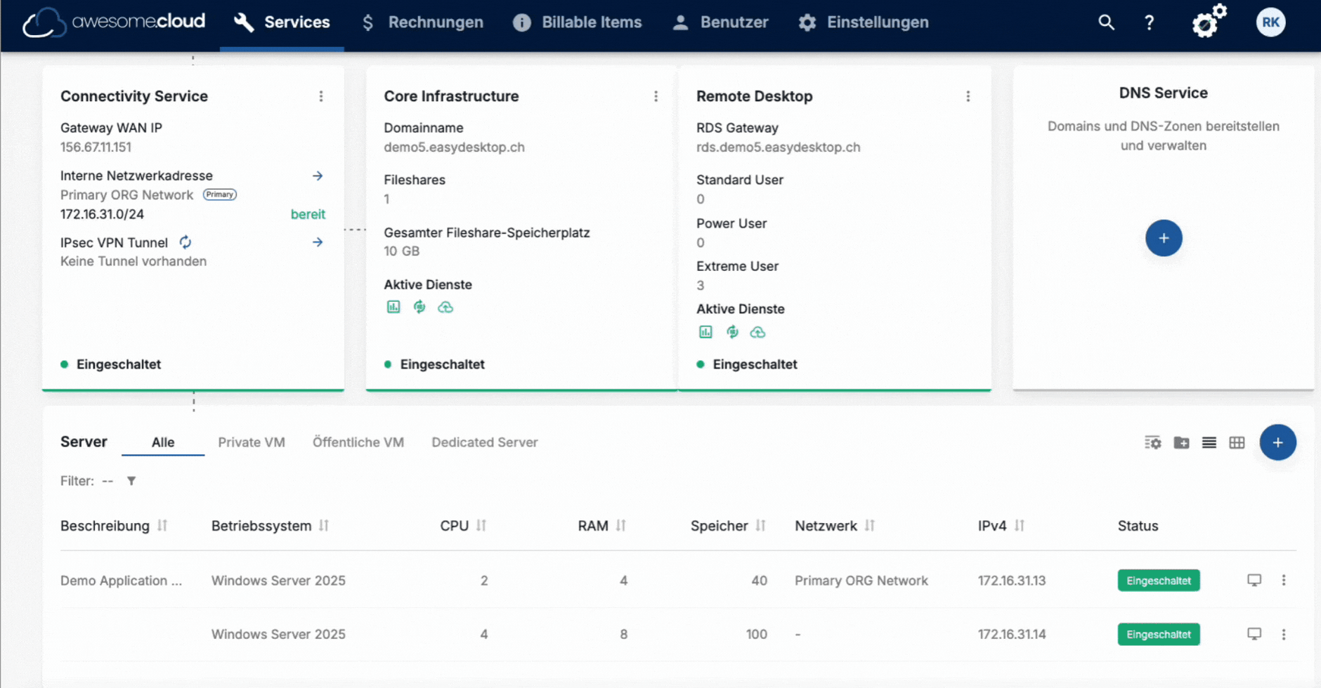 GIF, das zeigt, wie Backup und Monitoring direkt in jeder VM der awesome.cloud integriert und individuell konfigurierbar sind.
