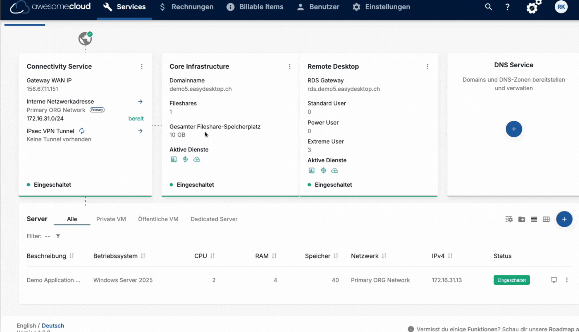 GIF, das im Template-Management der awesome.cloud zeigt, wie Snapshots für jede VM erstellt, wiederhergestellt und ganze VMs geklont werden – ideal zum Testen kritischer Updates.